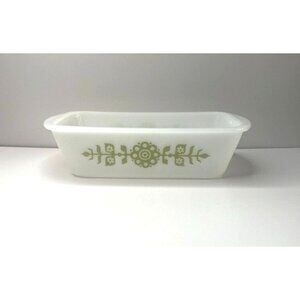 Jeannette / Glasbake Green Floral Medallion Milk Glass Loaf Pan Casserole Dish